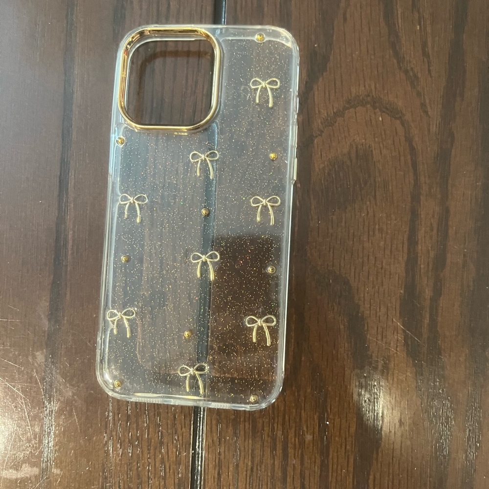 iPhone 15 ProMax Clear Phone Case with Gold Bows and Subtle Shimmer